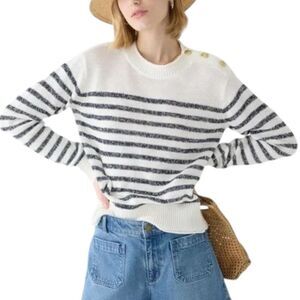 J Crew Sweater WMNS XS White Linen Blend Relaxed Beach Striped Gold‎ Buttons
